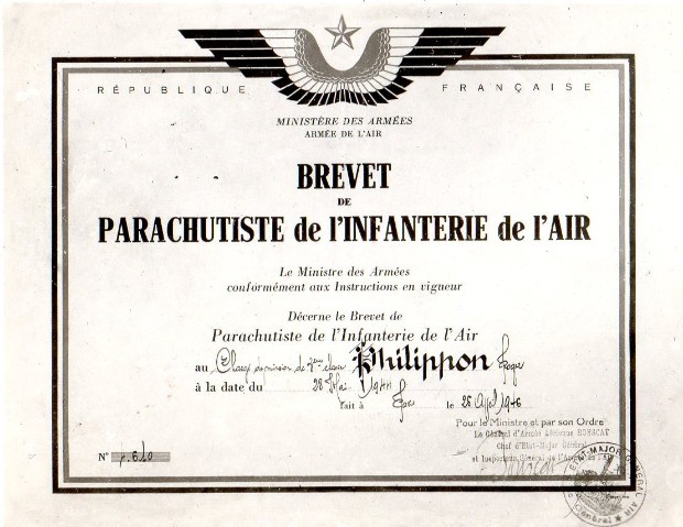 Brevet de Parachutiste de l' Infanterie de l' Air attribué le 28 Mai 1944 et remis le 26 avril 1946