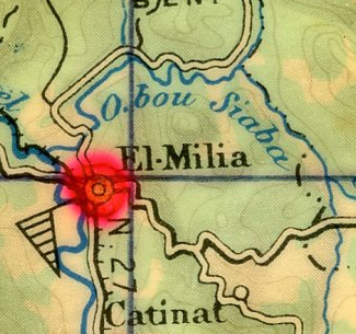  Le cours de l' Oued BOU SIABA et la route Est - Ouest passant à EL MILIA permettent de situer l'opération sur la carte d' E.M.Le carré fait 10 kilomètres de coté 
